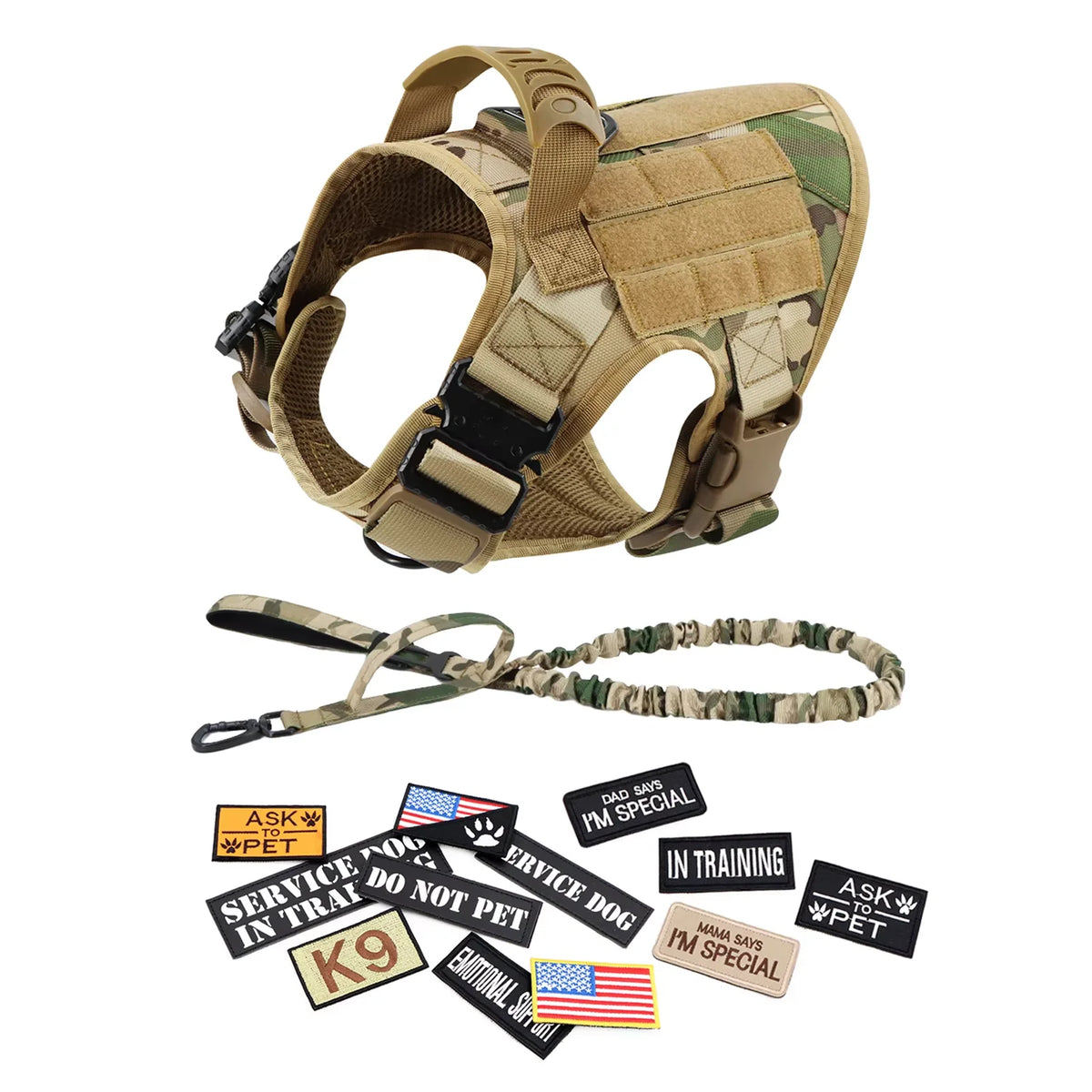 Padded Nylon Tactical Dog Harness Collar Leash Set With Patches