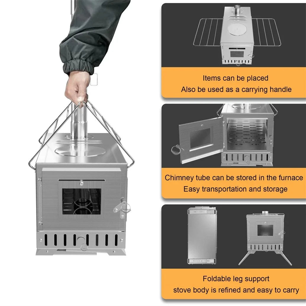 Portable Unho Wood Burning Tent Stove With Stainless Chimney Pipes