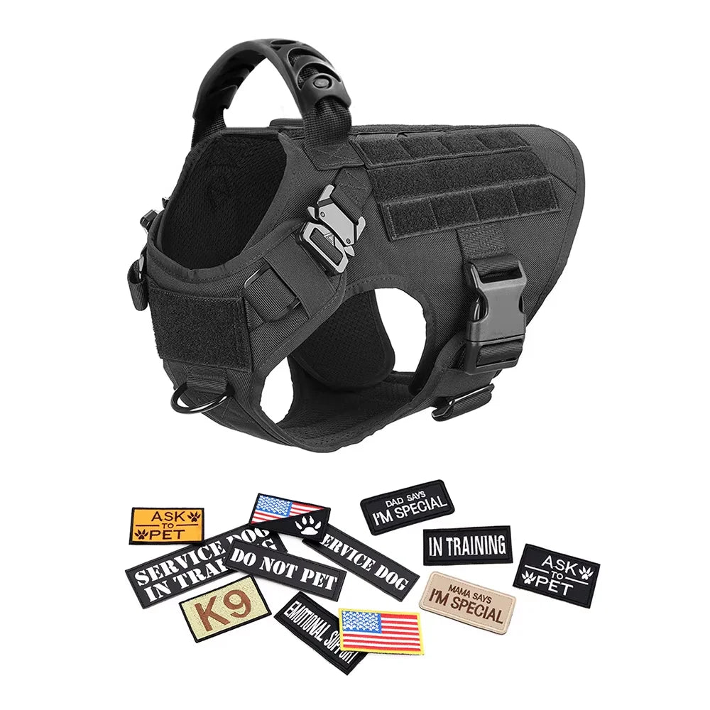 Padded Nylon Tactical Dog Harness Collar Leash Set With Patches