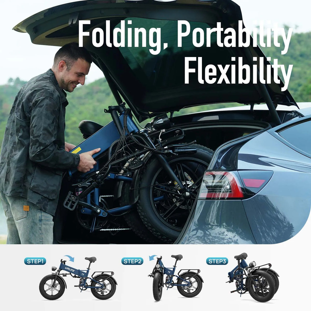 URLIFE T5 Foldable Electric Fat Tire Mountain Bike Removable Battery