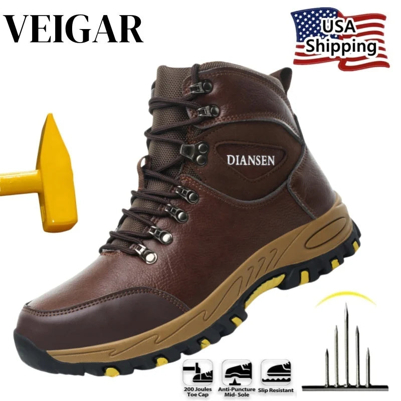 Veigar Waterproof Leather Men Safety Work Boots Anti Puncture