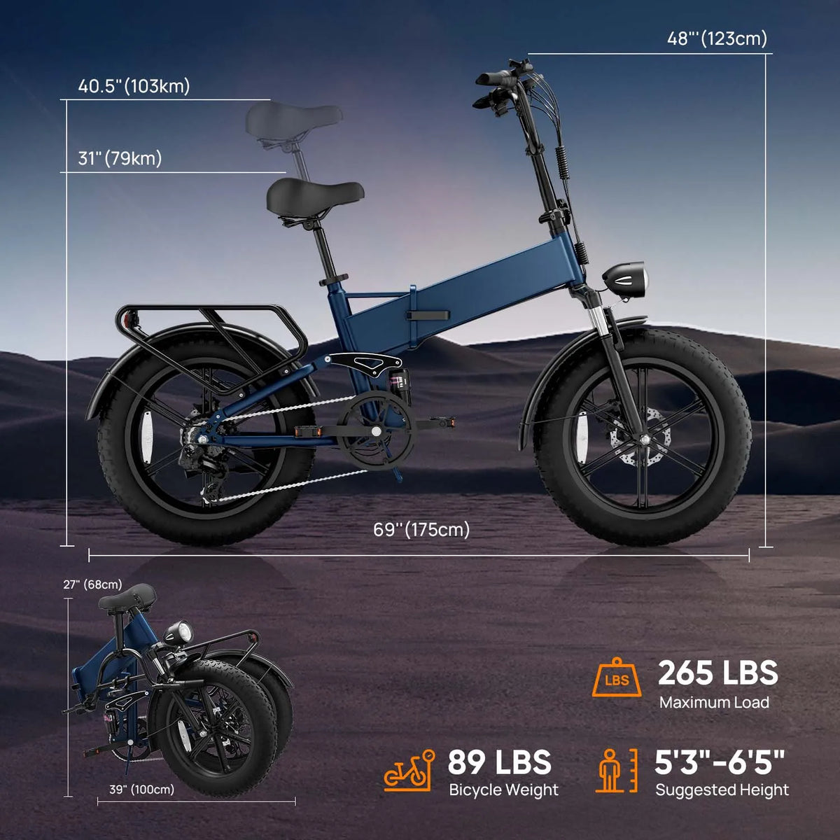 URLIFE T5 Foldable Electric Fat Tire Mountain Bike Removable Battery