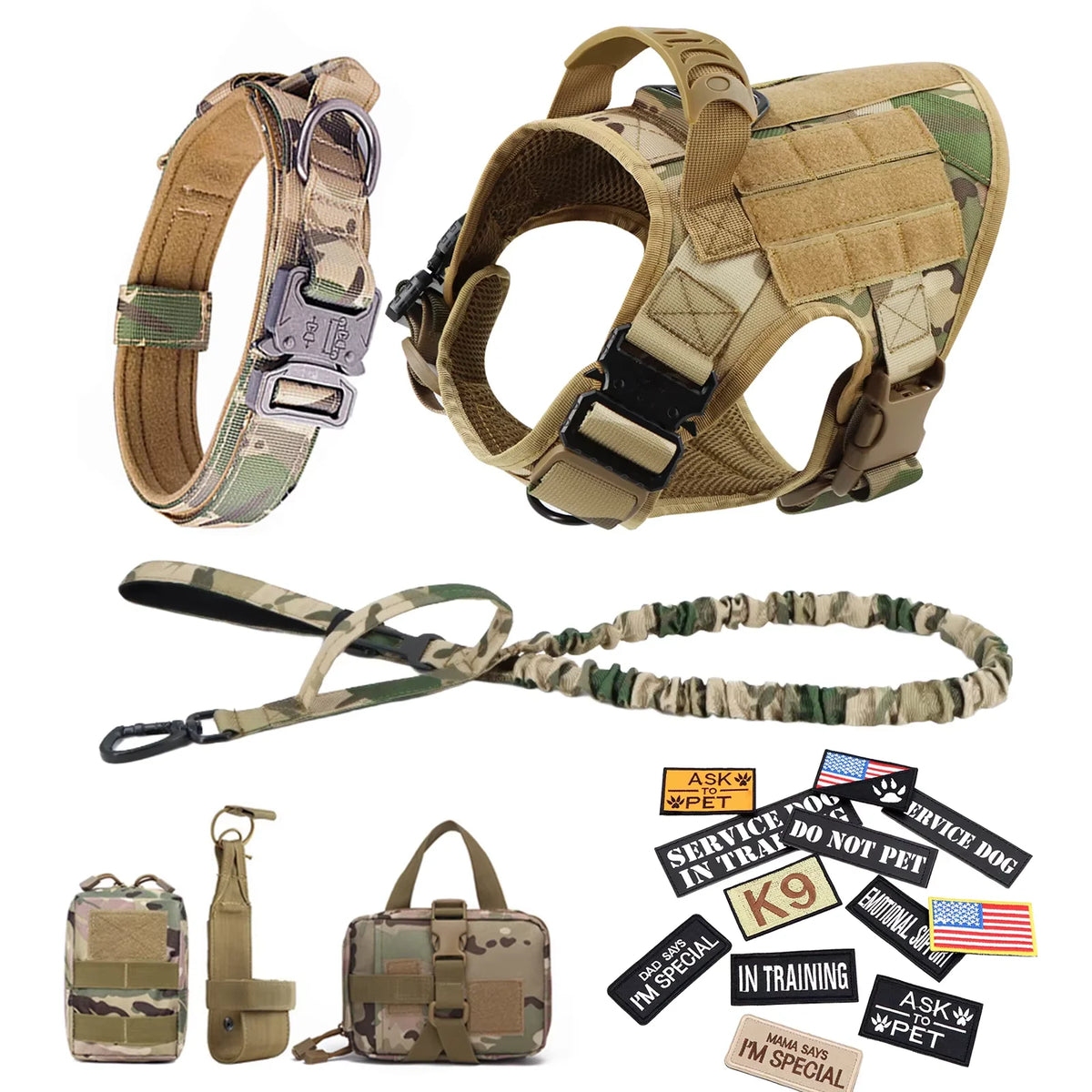 Padded Nylon Tactical Dog Harness Collar Leash Set With Patches