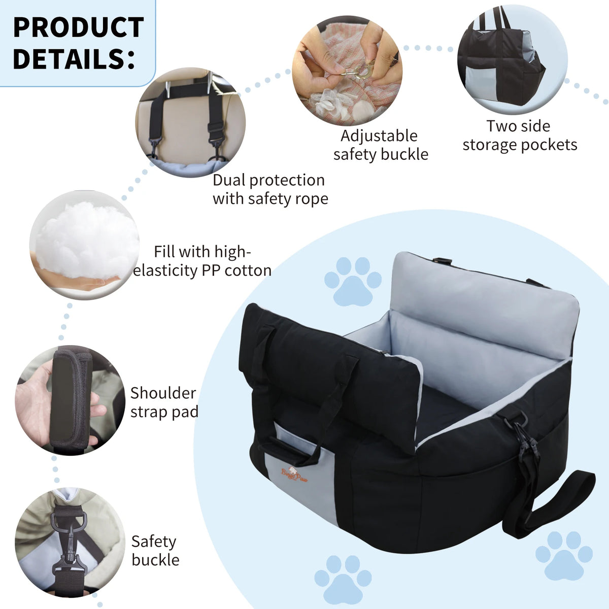 Borwart Portable Dog Car Booster Seat With Safety Belt Cover