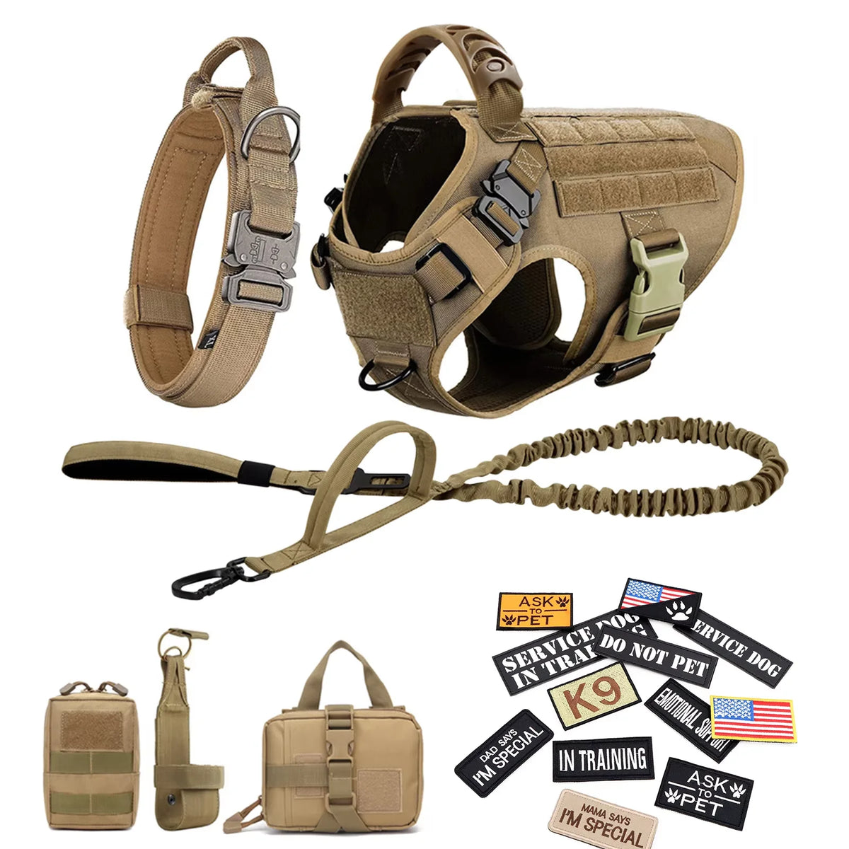 Padded Nylon Tactical Dog Harness Collar Leash Set With Patches