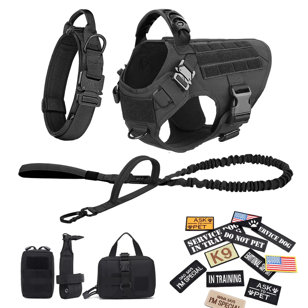 Padded Nylon Tactical Dog Harness Collar Leash Set With Patches