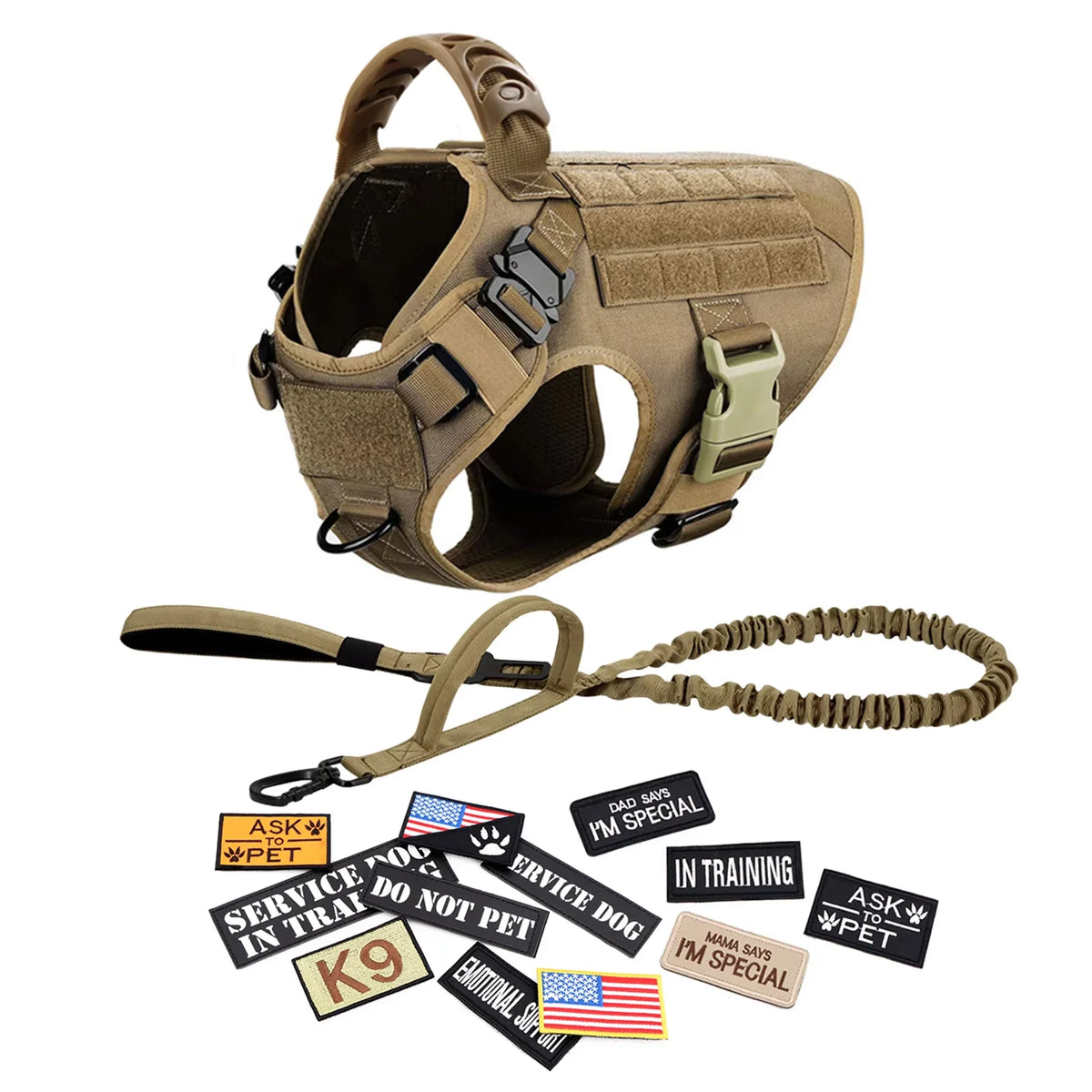 Padded Nylon Tactical Dog Harness Collar Leash Set With Patches