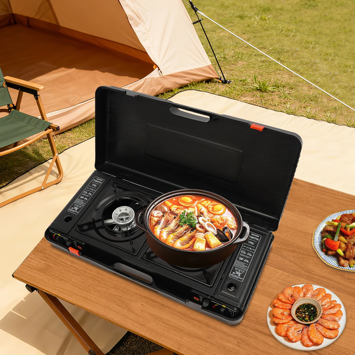 Dual Burner Portable Camping Stove With Butane Auto Ignition
