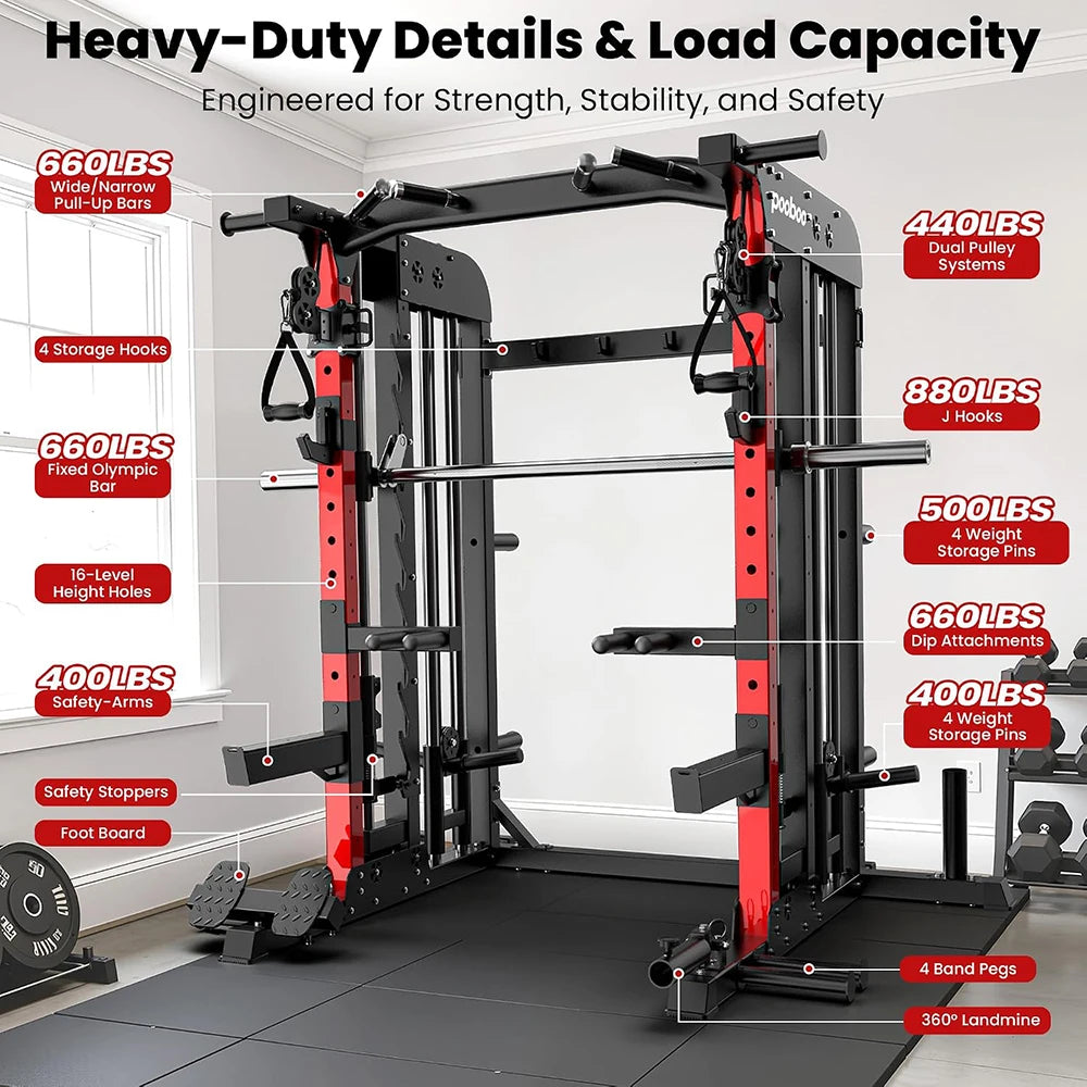 Pooboo Power Cage Smith Machine Home Gym Exercise System