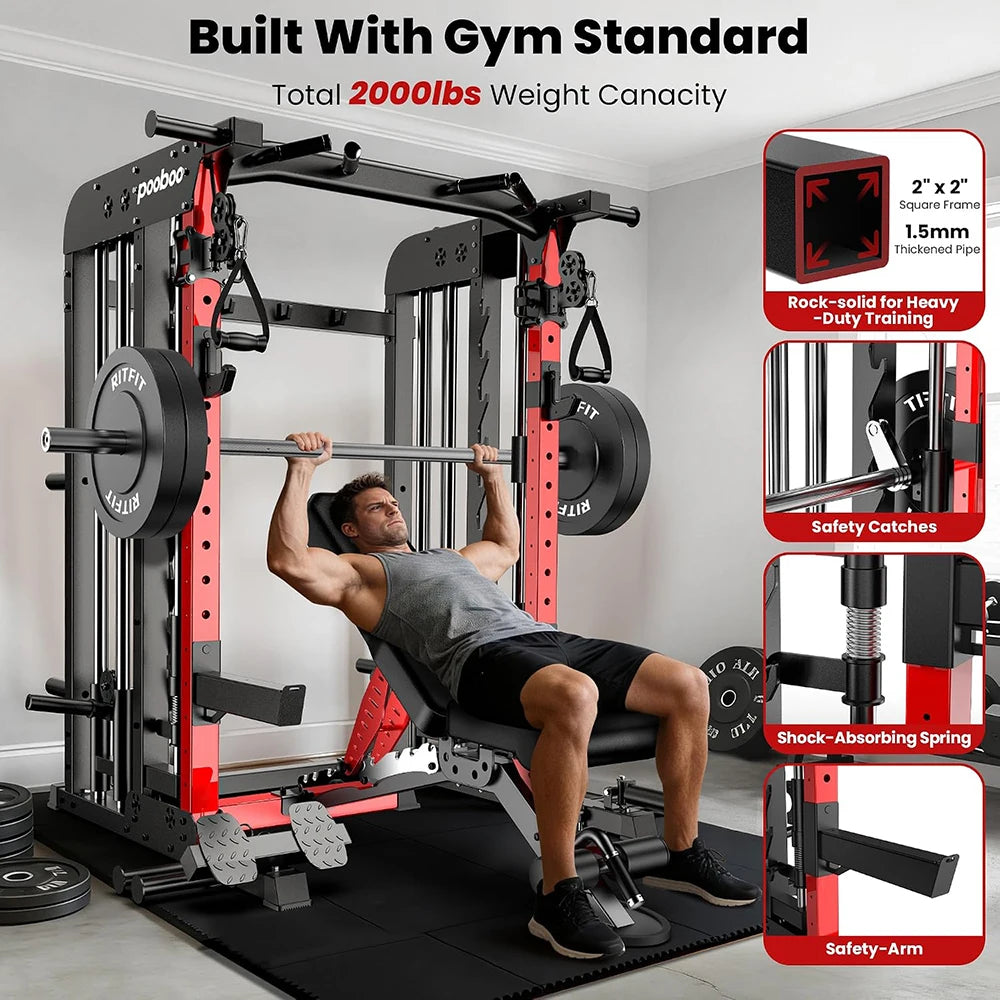 Pooboo Power Cage Smith Machine Home Gym Exercise System