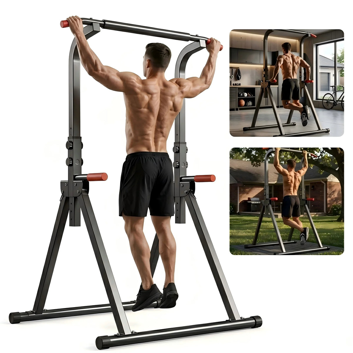 Foldable Power Tower Pull Up Bar And Adjustable Dip Station