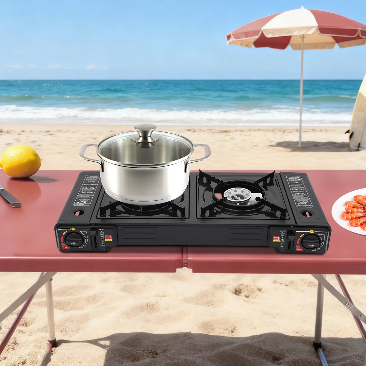 Dual Burner Portable Camping Stove With Butane Auto Ignition