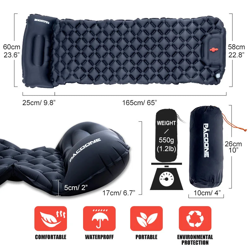 Pacoone Ultralight Camping Inflatable Mattress With Built In Pump