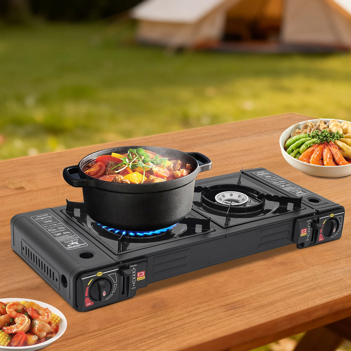 Dual Burner Portable Camping Stove With Butane Auto Ignition