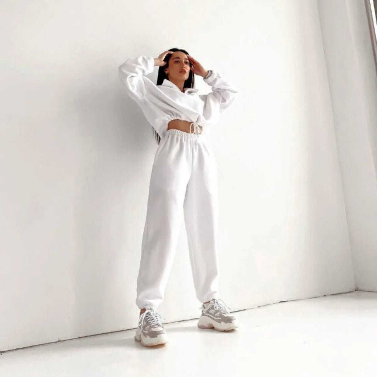 Women Cotton Polyester Hooded Tracksuit Set With Matching Pants