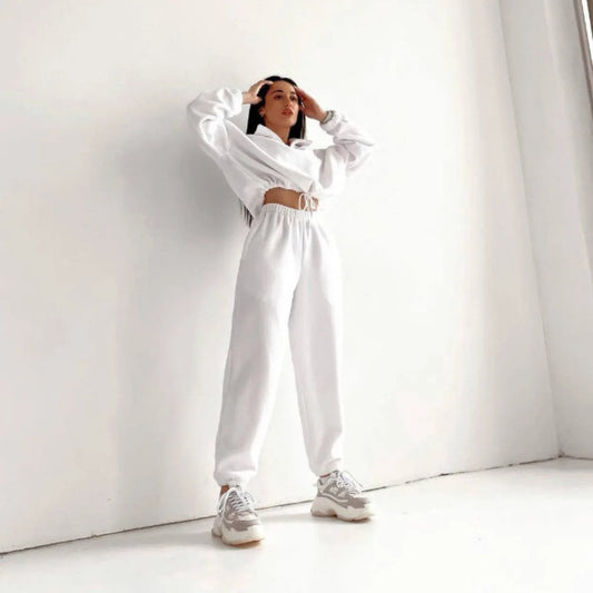 Women Cotton Polyester Hooded Tracksuit Set With Matching Pants