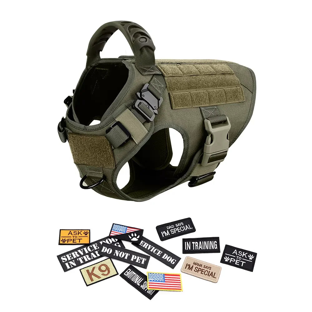 Padded Nylon Tactical Dog Harness Collar Leash Set With Patches