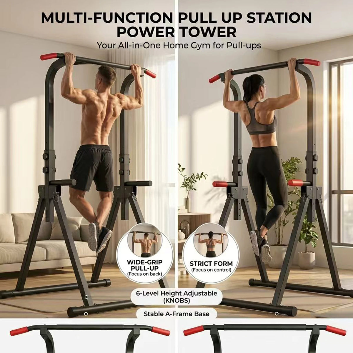 Foldable Power Tower Pull Up Bar And Adjustable Dip Station