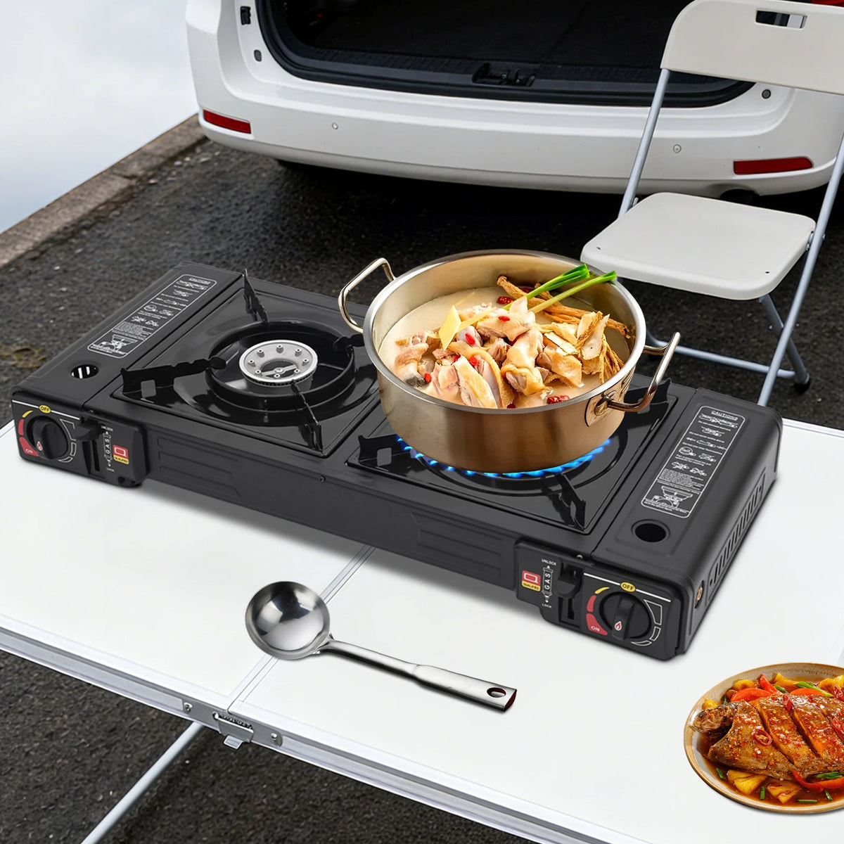 Dual Burner Portable Camping Stove With Butane Auto Ignition