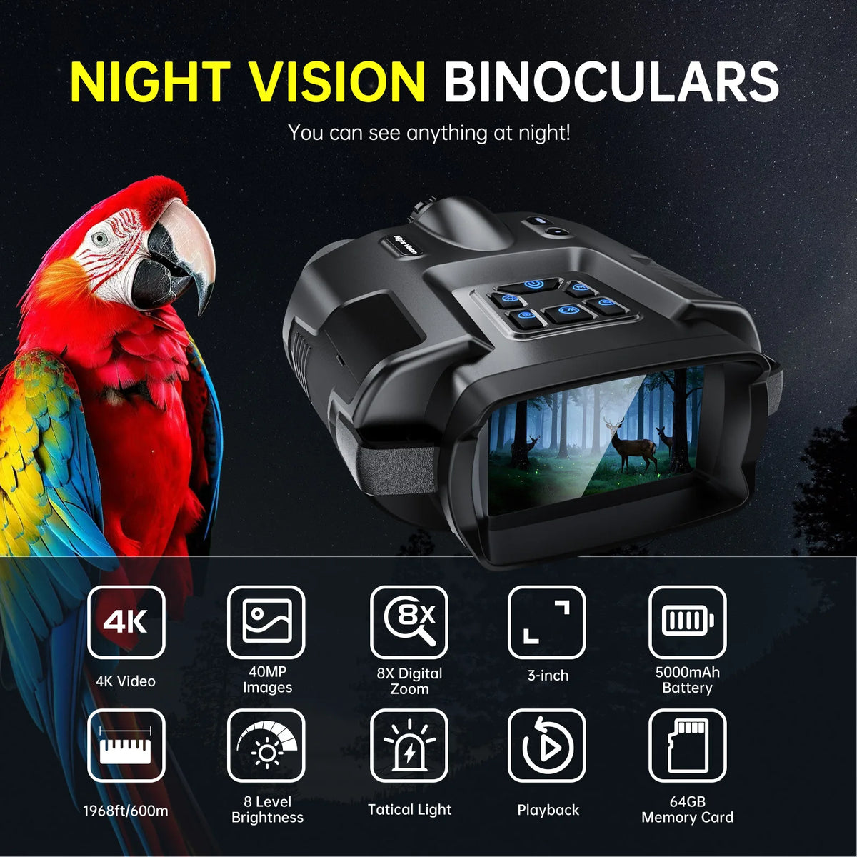 DIYIMIN Night Vision Binoculars 4K Infrared 8X Digital Zoom Rechargeable