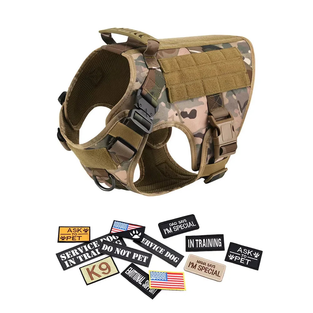 Padded Nylon Tactical Dog Harness Collar Leash Set With Patches