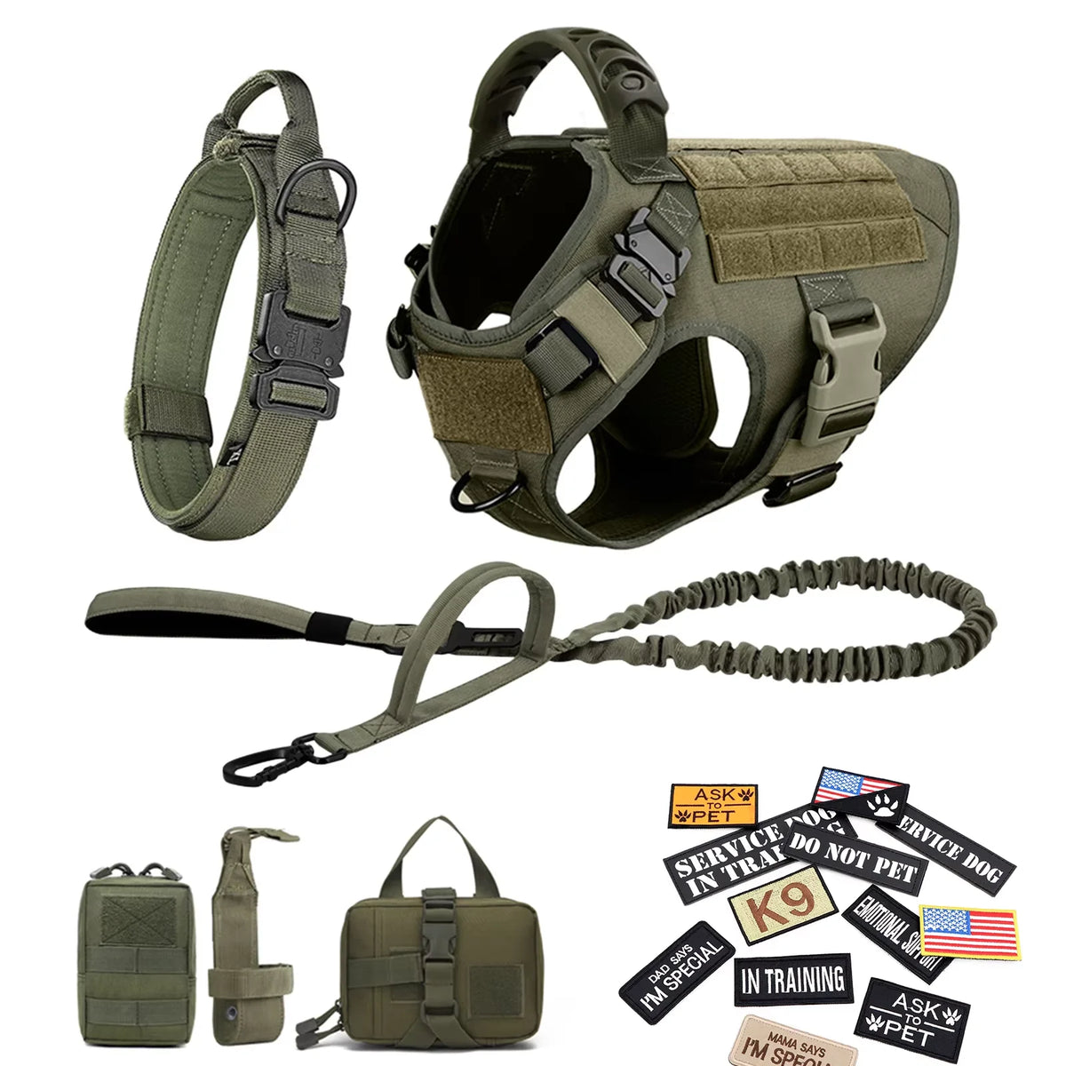 Padded Nylon Tactical Dog Harness Collar Leash Set With Patches