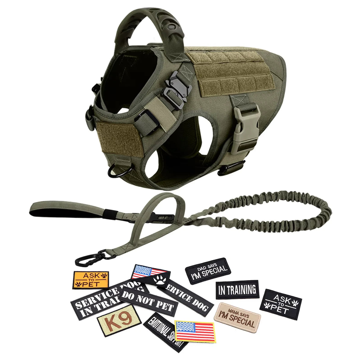 Padded Nylon Tactical Dog Harness Collar Leash Set With Patches