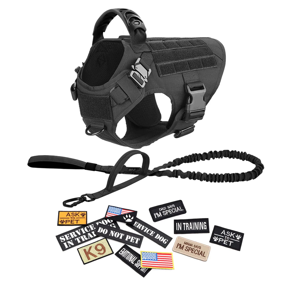 Padded Nylon Tactical Dog Harness Collar Leash Set With Patches